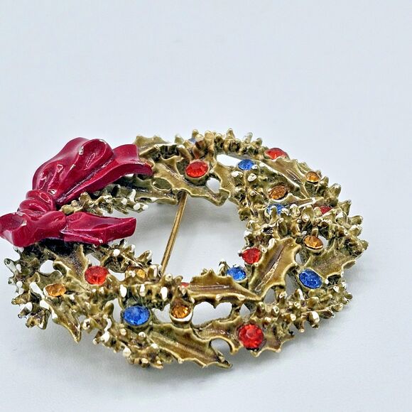 ART Christmas Wreath Brooch Vintage Enamel Signed Holiday Arthur Pepper Jewelry - Picture 5 of 11